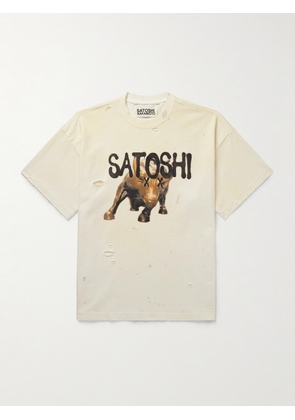 Satoshi Nakamoto - Wall Street Distressed Logo-Print Cotton-Jersey T-Shirt - Men - White - S