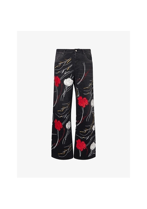 Mens Amiri Floral-Embroidery Baggy Denim Jeans