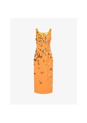 Womens Carolina Herrera Scoop-Neck Floral-Applique Woven Midi Dress