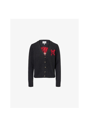 Womens Ganni Bunny-Intarsia V-Neck Wool-Blend Cardigan