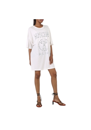 Moschino Ladies White Cotton Crystal Logo Shirt Dress