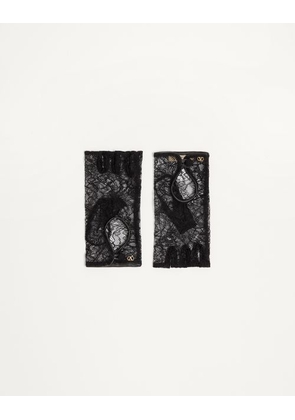 Valentino Garavani VLogo Signature Biker Gloves In Lace And Leather Woman BLACK/GOLD 6