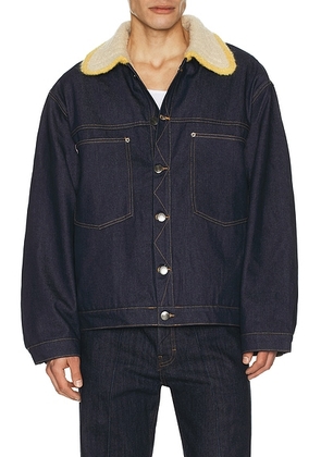 Charles Jeffrey LOVERBOY Denim Jacket With Knitted Collar in Indigo Denim - Blue. Size L (also in S, XL/1X).
