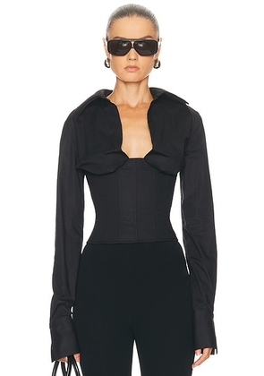 LaQuan Smith Long Sleeve Collared Corset Top in Black - Black. Size L (also in ).