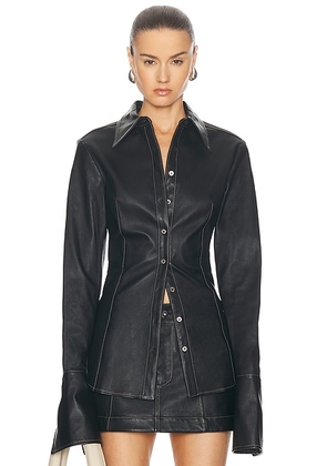 PRISCAVera Stretch Leather Button Down Shirt in Black - Black. Size S (also in ).