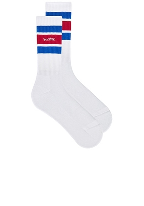 Sporty & Rich Serif Logo Socks in White  Paris Blue  & Ruby - White. Size all.