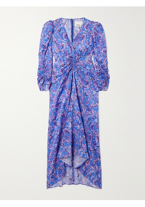 Isabel Marant - Ruched Printed Satin-jacquard Midi Dress - Blue - FR 34,FR 36,FR 38,FR 40,FR 42,FR 44,FR 46