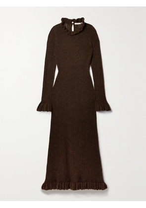 DÔEN - Estella Ruffled Pointelle-knit Alpaca-blend Midi Dress - Brown - x small,small,medium,large,x large