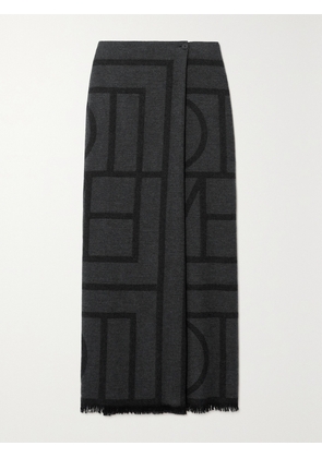 TOTEME - Frayed Printed Wool-twill Maxi Wrap Skirt - Gray - DK32,DK34,DK36,DK38,DK40,DK42