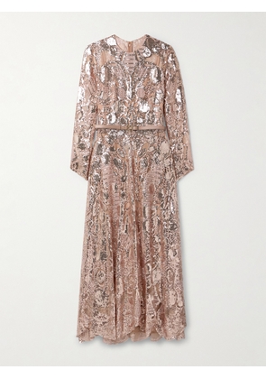 Elie Saab - Belted Leather-trimmed Sequined Embroidered Tulle Maxi Dress - Pink - FR 36,FR 38,FR 40,FR 42,FR 44