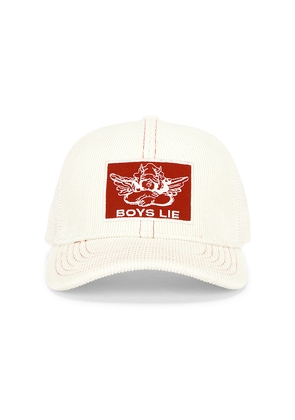 Boys Lie Distressed Corduroy Trucker Hat in Ivory.
