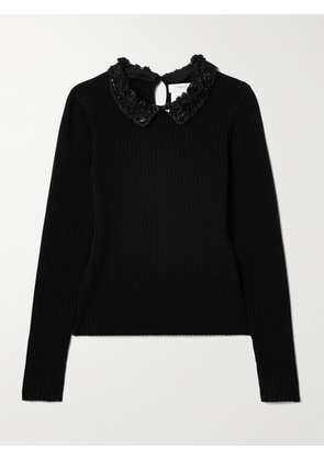 Carolina Herrera - Convertible Embellished Crochet-trimmed Ribbed Wool Sweater - Black - x small,small,medium,large