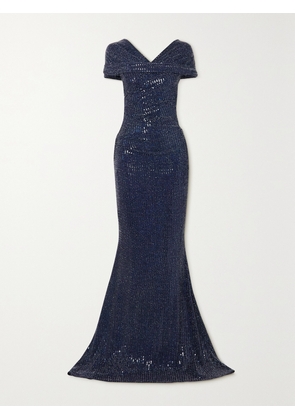 TALBOT RUNHOF - Gathered Sequined Metallic Stretch-crepe Gown - Blue - US2,US4,US6,US8,US10,US12,US14,US16