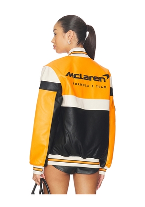 McLaren Formula 1 Turbo Charged Faux Leather Jacket in Orange. Size M. Also in XL/1X.