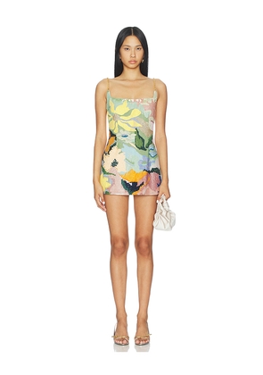 LA FUORI Floral Jacquard Embroidered Mini Dress in Green. Size L. Also in M, S, XL.