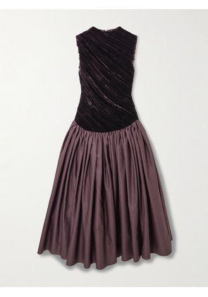 Abadia - Ariya Gathered Crushed-velvet And Wool-blend Dupioni Midi Dress - Burgundy - US2,US4,US6,US8,US10,US12