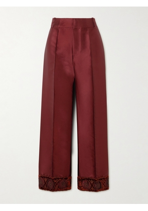 DESTREE - Yoshitomo Embellished Velvet-trimmed Faille Streight-leg Pants - Burgundy - FR 34,FR 36,FR 38,FR 40,FR 42,FR 44