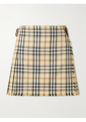 Burberry - Leather-trimmed Pleated Checked Wool Mini Skirt - Neutrals - UK 4,UK 6,UK 8,UK 10,UK 12,UK 14