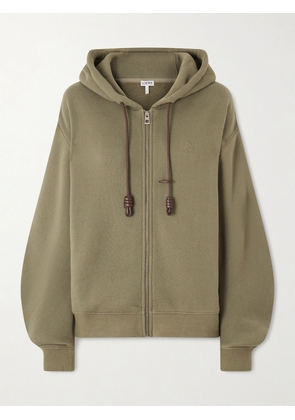 LOEWE - Flamenco Leather-trimmed Cotton-blend Jersey Hoodie - Green - x small,small,medium,large