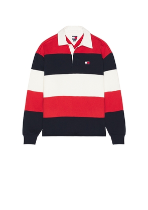 Tommy Jeans Relaxed Badge Stripe Rugby in Blue,Red. Size L. Also in M, S, XL/1X, XS.