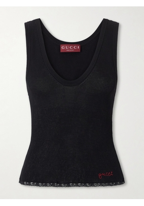 Gucci - Embroidered Lace-trimmed Ribbed-knit Cotton Tank Top - Black - x small,small,medium,large