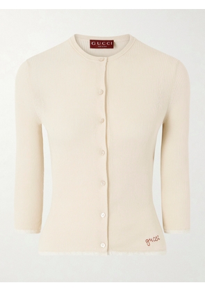 Gucci - Embroidered Lace-trimmed Ribbed-knit Cotton Cardigan - Off-white - x small,small,medium,large