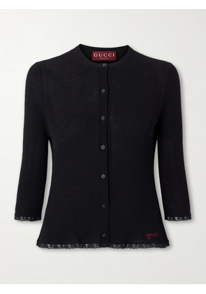 Gucci - Embroidered Lace-trimmed Ribbed-knit Cotton Cardigan - Black - x small,small,medium,large