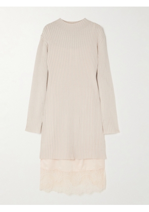 STAUD - Willow Layered Lace-trimmed Satin And Ribbed Wool-blend Midi Dress - Ecru - x small,small,medium,large,x large