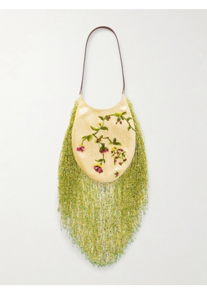 Tory Burch - Fringed Leather-trimmed Embroidered Embellished Satin Shoulder Bag - Multi - One size