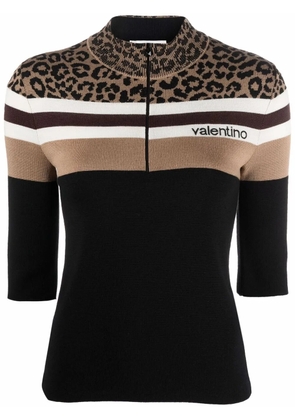 Valentino Garavani leopard print panel half-zip jumper - Black