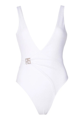 Amir Slama ribbed logo-buckle swimsuit - White