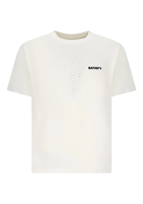 Satisfy distressed-detail logo-print T-shirt - White