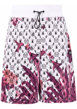 Philipp Plein floral logo drawstring shorts - White