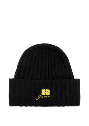 GANNI logo-embroidered beanie hat - Black