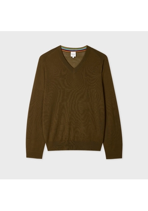 Paul Smith Khaki Green Merino Wool V-Neck Sweater Brown