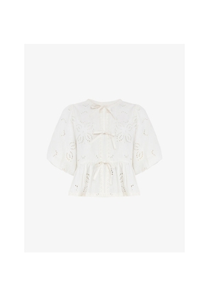 Womens Ro&Zo Tie-Front Puff-Sleeve Broderie Cotton and Linen-Blend Blouse