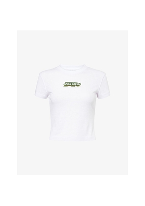 Womens Daily Paper Sticker Brand-Print Cap-Sleeve Cotton-Blend T-Shirt