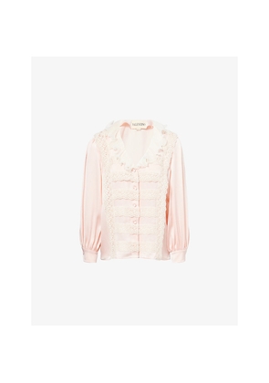 Womens Valentino Garavani Ruffle-Collar Lace-Trim Textured Silk Shirt