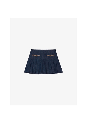 Womens Maje Contrast-Trim Pleated Stretch-Denim Mini Skirt