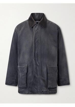 Auralee - Leather-Trimmed Garment-Dyed Organic Cotton-Canvas Jacket - Men - Black - 3