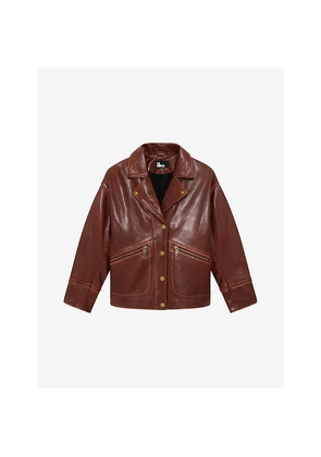 Womens The Kooples Biker-Collar Relaxed-Fit Leather Jacket