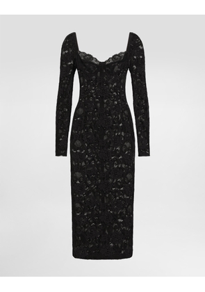 Dolce & Gabbana Calf-length Floral Lace Dress With Bra-style Cups - Woman Dresses Black Lace 46