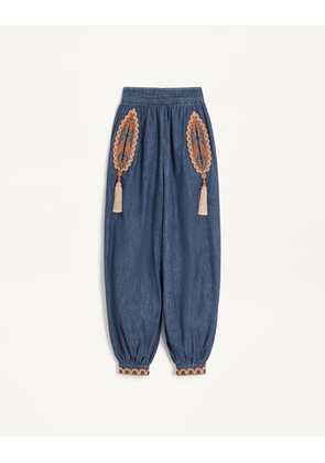 Valentino Balloon Trousers In Embroidered Denim Chambray Woman DENIM 36