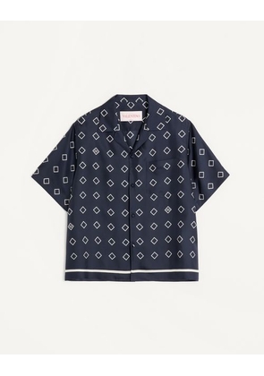 Valentino Silk Twill Bowling Shirt With Opticool Print Man BLUE/BUTTER 44