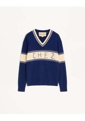 Valentino Wool And Cotton Jumper With Chez Valentino Jacquard Pattern Man BLUE/BUTTER L
