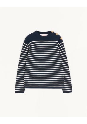 Valentino Striped Cotton Crewneck Jumper With Buttons On The Shoulder Man INDIGO/BUTTER L