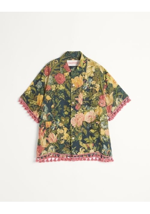 Valentino Linen Bowling Shirt With Apres L'Hiver Print Man MULTICOLOUR 46