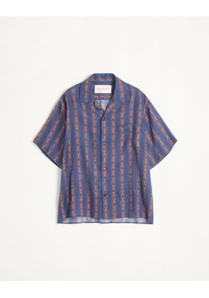 Valentino Linen Bowling Shirt With Voyage Imaginaire Print Man BLUE/ORANGE 44
