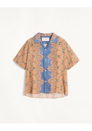 Valentino Linen Bowling Shirt With Voyage Imaginaire Print Man AZURE/BEIGE/PINK 44