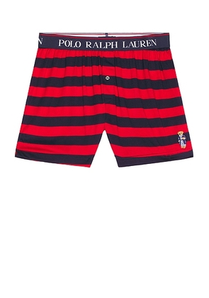Polo Ralph Lauren Exposed Waistband Knit Boxer With Bear in Cruise Navy & RL2000 Red Rugby Stripe - Red. Size S (also in L, XL/1X).